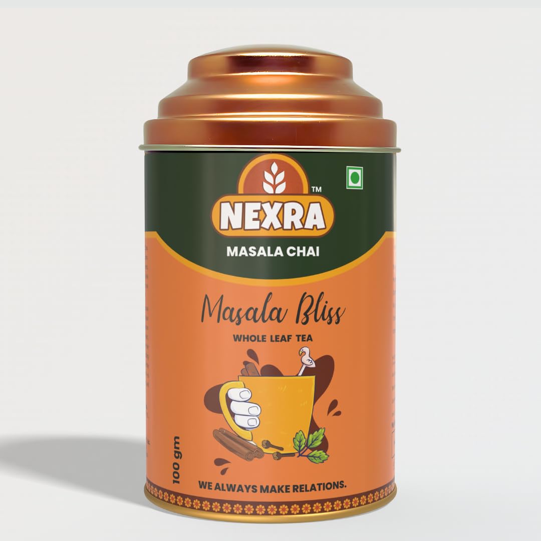 Nexra - Masala Bliss Tea - 100g Tin Box | Whole Leaf Herbal Blend Infused with 11 Spices for a Bold and Flavorful Experience