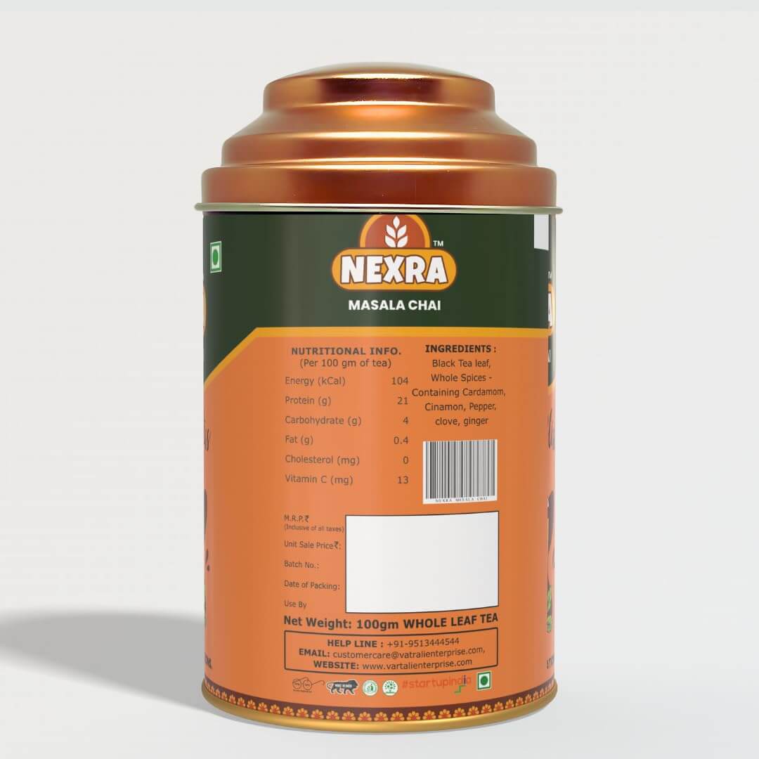 Nexra Masala Bliss Tea tin box back view with nutritional information