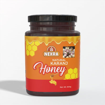 Nexra Karanj Honey 250g jar label with nutritional information