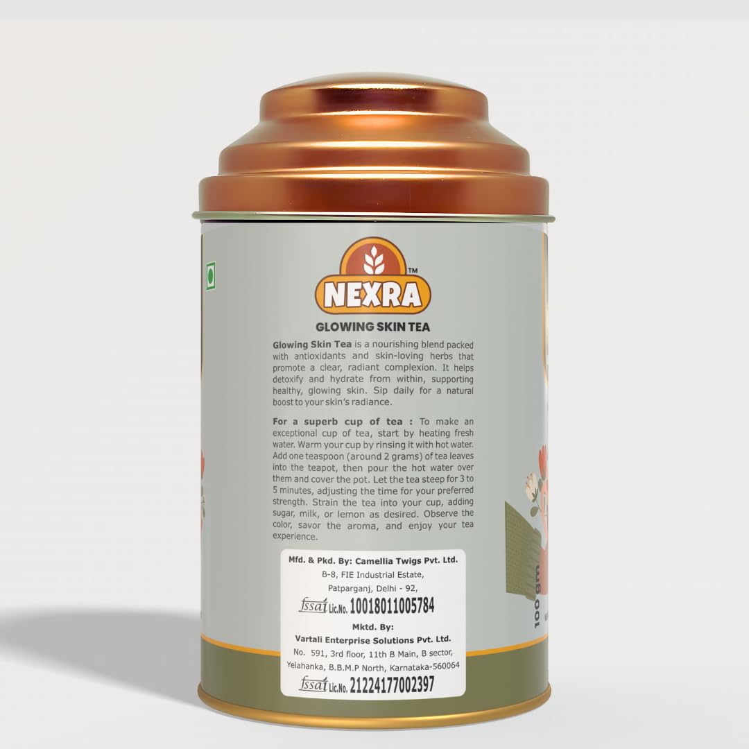 Nexra - Glowing Skin Tea - 100g Tin Box | Whole Leaf Herbal Tea Blend for Radiant and Healthy Skin