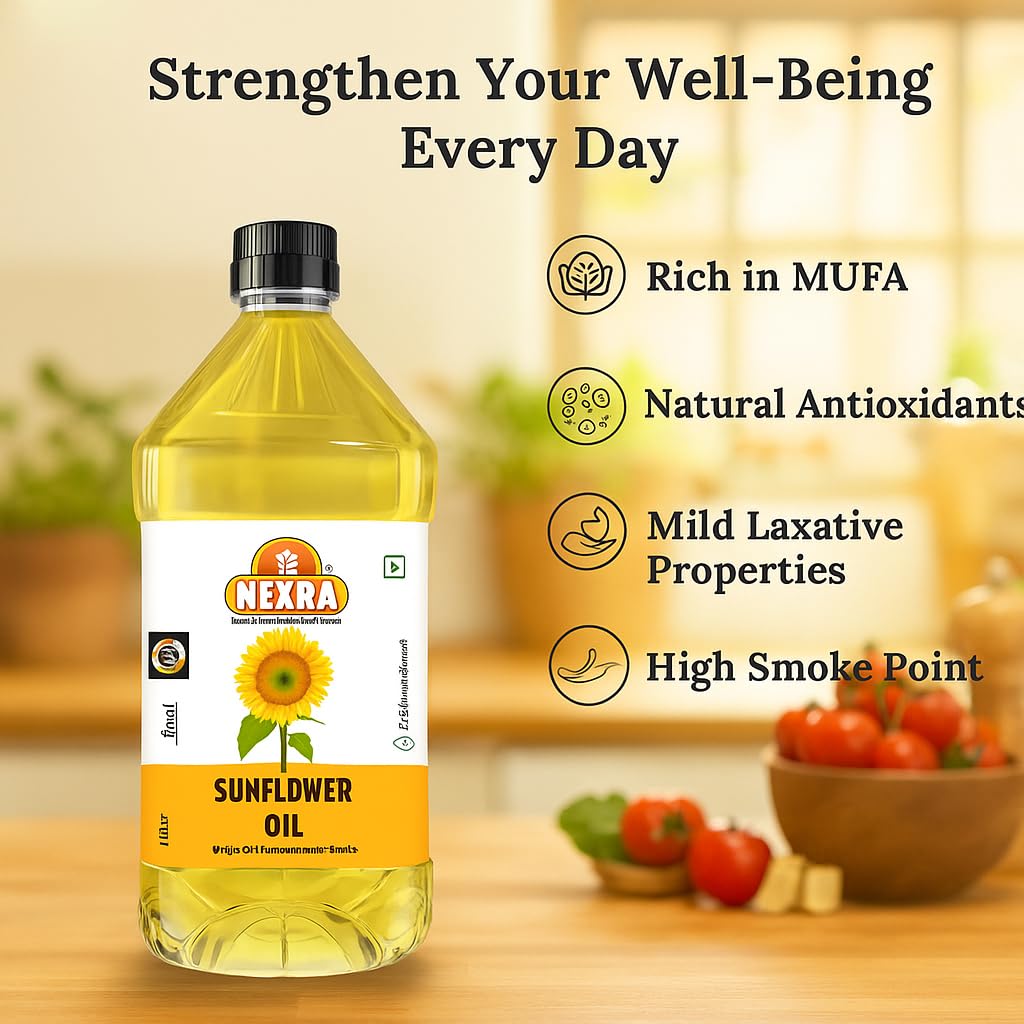 Nexra - Cold Pressed Sunflower Oil | 1 litre | Pure and Natural Seed| PET Bottle | Kolhu/Chekku | Extracted on Wooden Churner | Natural | Chemical-Free | High in Antioxidants, Delicious & Healthy