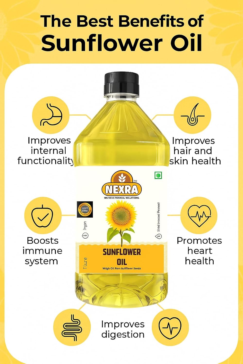 Nexra - Cold Pressed Sunflower Oil | 1 litre | Pure and Natural Seed| PET Bottle | Kolhu/Chekku | Extracted on Wooden Churner | Natural | Chemical-Free | High in Antioxidants, Delicious & Healthy