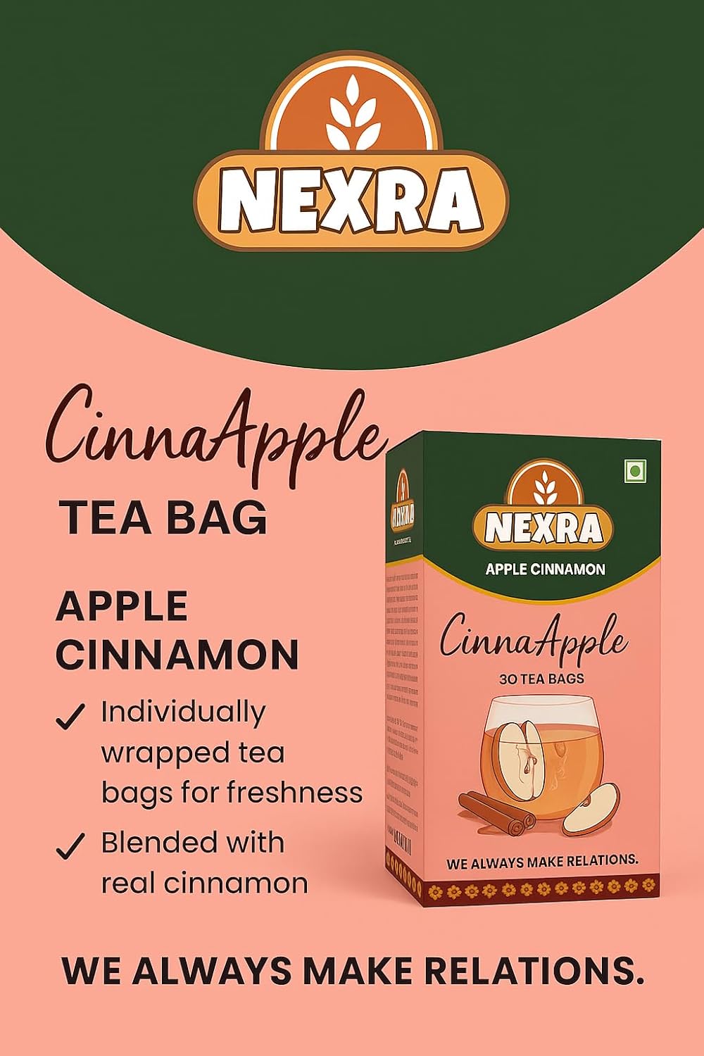 Nexra - Apple Cinnamon Herbal Tea - 30 Tea Bags for Refreshing Taste and Wellness