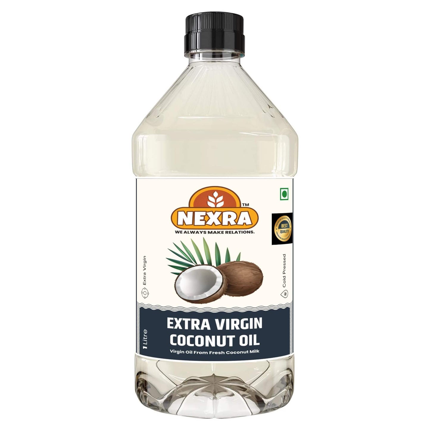 Nexra Extra Virgin Coconut Oil transparent bottle showing pure oil