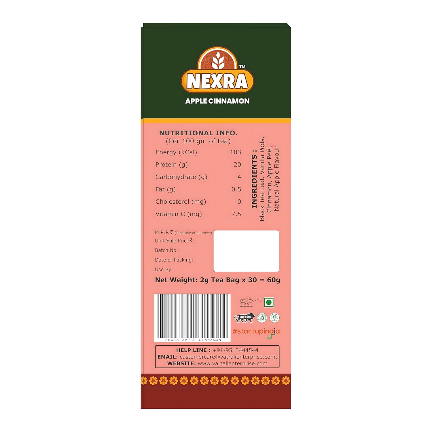 Nexra - Apple Cinnamon Herbal Tea - 30 Tea Bags for Refreshing Taste and Wellness