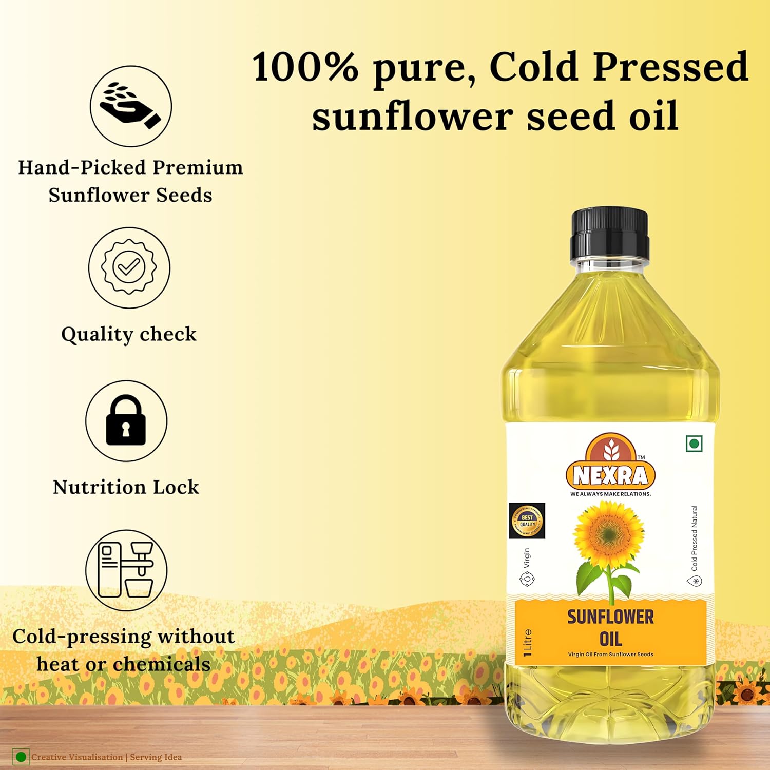 Nexra - Cold Pressed Sunflower Oil | 1 litre | Pure and Natural Seed| PET Bottle | Kolhu/Chekku | Extracted on Wooden Churner | Natural | Chemical-Free | High in Antioxidants, Delicious & Healthy