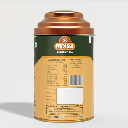 Nexra - Turmeric Herbal Tea – 100g Whole Leaf Blend in Tin | Infused with Natural Turmeric & Spices | Refreshing, Caffeine-Free Wellness Drink | Supports Immunity & Digestion | Herbal Detox Tea