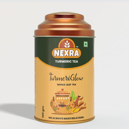 Nexra - Turmeric Herbal Tea – 100g Whole Leaf Blend in Tin | Infused with Natural Turmeric & Spices | Refreshing, Caffeine-Free Wellness Drink | Supports Immunity & Digestion | Herbal Detox Tea