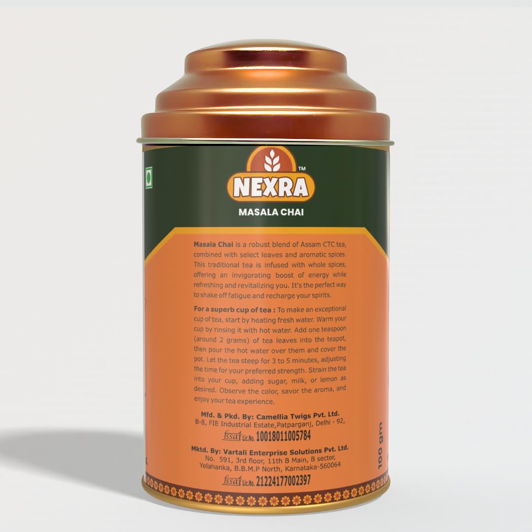 Nexra - Masala Bliss Tea - 100g Tin Box | Whole Leaf Herbal Blend Infused with 11 Spices for a Bold and Flavorful Experience