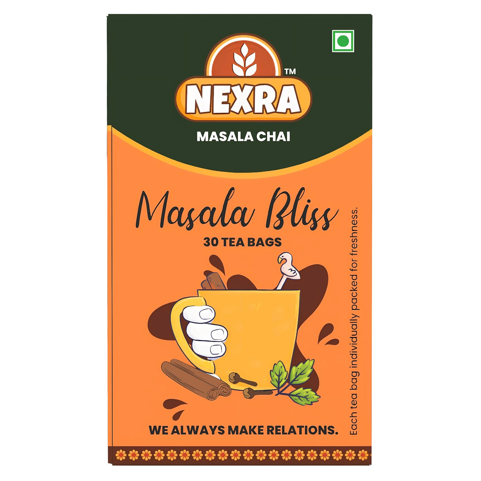 Nexra Masala Bliss Tea 30 Bags | Authentic Masala Chai with 11 Hand Ground Spices | Assam CTC & Orthodox Black Tea | Rich Aromatic Indian Masala Tea