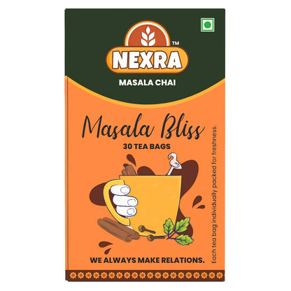 Nexra Masala Bliss Tea 30 Bags | Authentic Masala Chai with 11 Hand Ground Spices | Assam CTC & Orthodox Black Tea | Rich Aromatic Indian Masala Tea