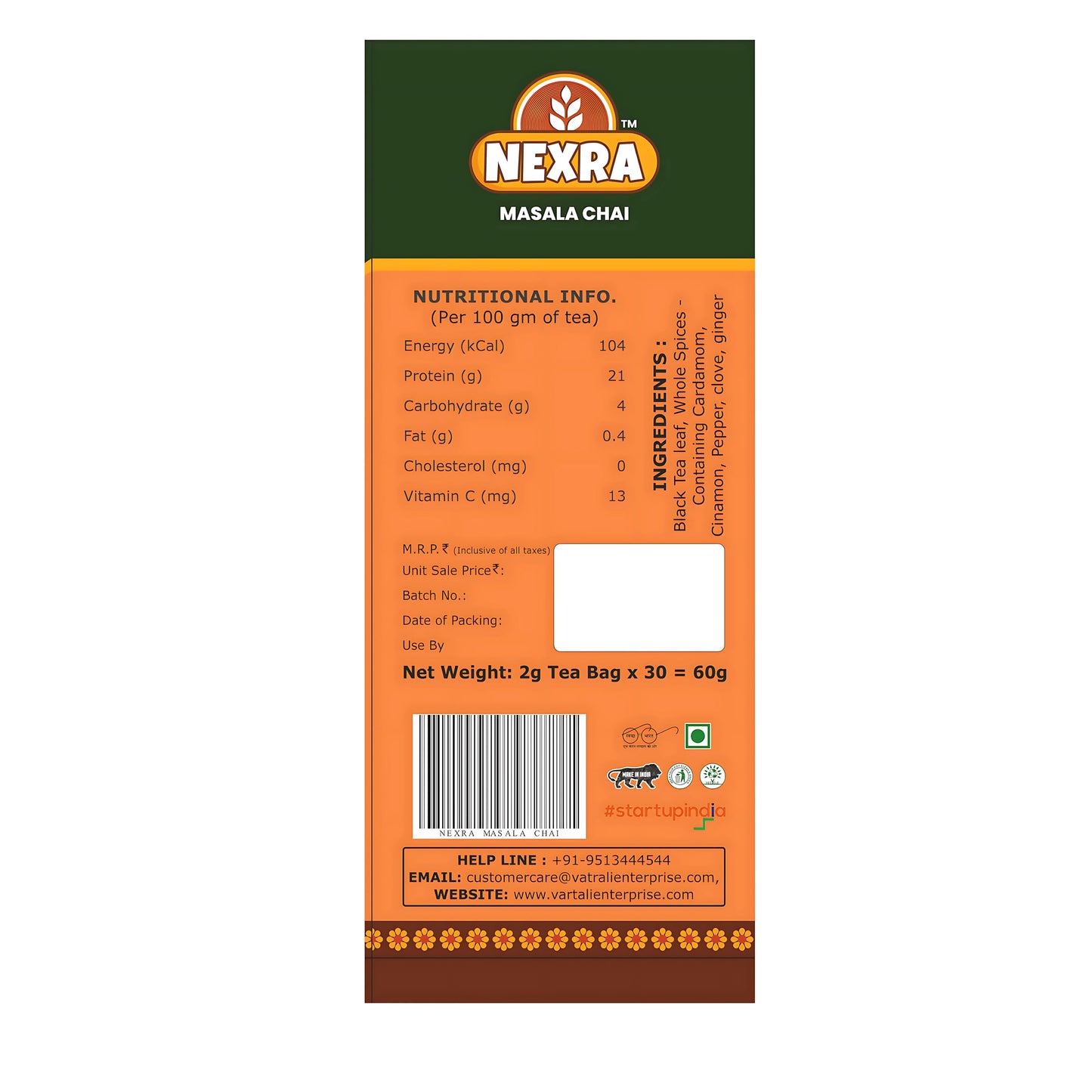 Nexra Masala Bliss Tea 30 Bags | Authentic Masala Chai with 11 Hand Ground Spices | Assam CTC & Orthodox Black Tea | Rich Aromatic Indian Masala Tea