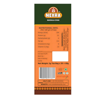 Nexra Masala Bliss Tea 30 Bags | Authentic Masala Chai with 11 Hand Ground Spices | Assam CTC & Orthodox Black Tea | Rich Aromatic Indian Masala Tea