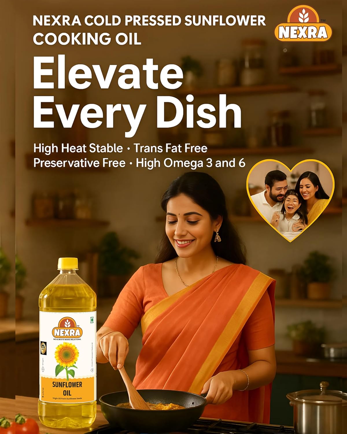 Nexra - Extra Virgin Coconut Oil 1L | Cold Pressed & Unrefined | Cooking, Hair & Skin Care | Rich in Antioxidants | 100% Pure & Natural (1 Ltr (Pack of 6), Sunflower Oil)