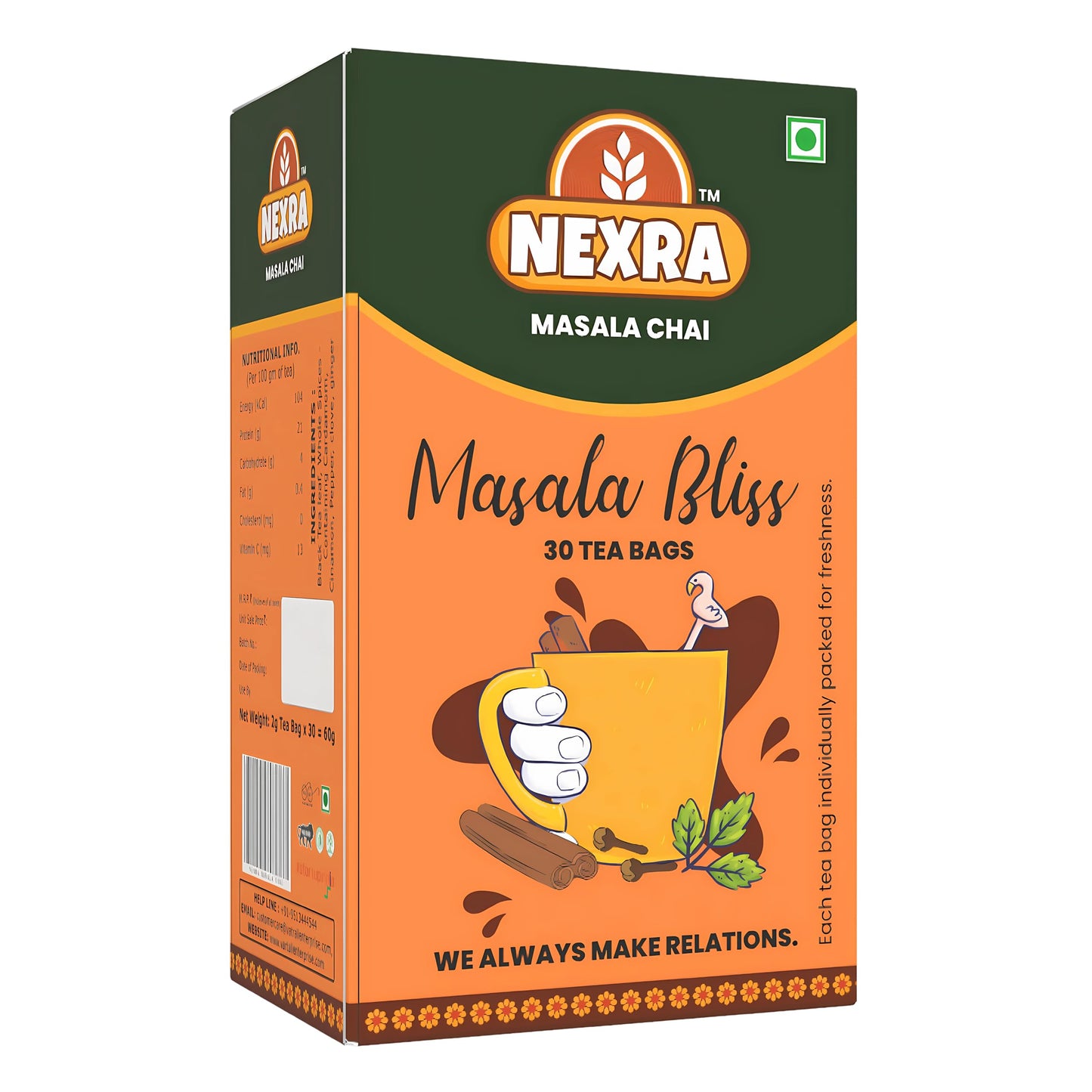 Nexra Masala Bliss Tea 30 Bags | Authentic Masala Chai with 11 Hand Ground Spices | Assam CTC & Orthodox Black Tea | Rich Aromatic Indian Masala Tea