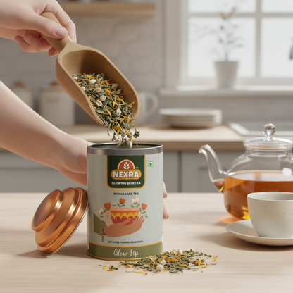 Nexra - Glowing Skin Tea - 100g Tin Box | Whole Leaf Herbal Tea Blend for Radiant and Healthy Skin